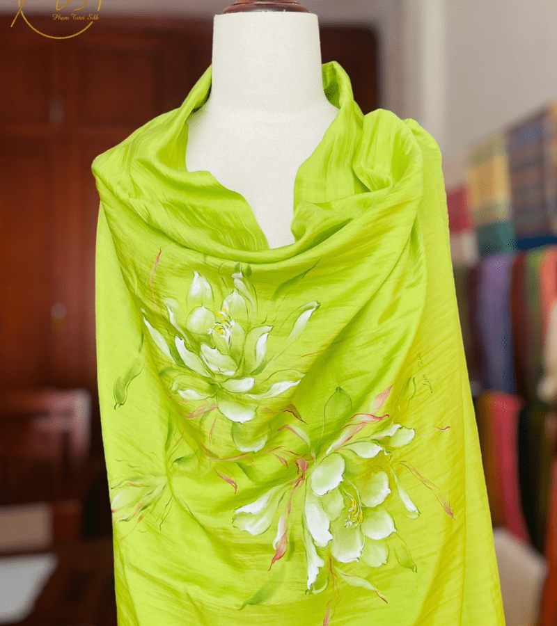 Hand-painted silk scarf with Night Cactus Flowers 