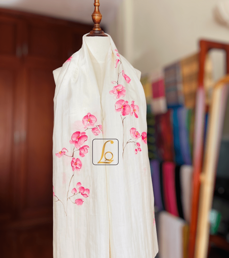 Hand-painted silk scarf with Orchid