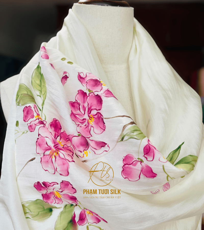 Hand-painted silk scarf with Crepe Myrtle