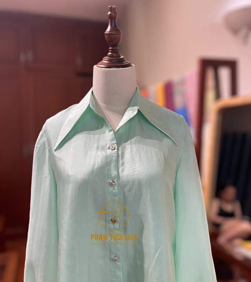 Áo lụa sơ mi tơ tằm màu xanh mint