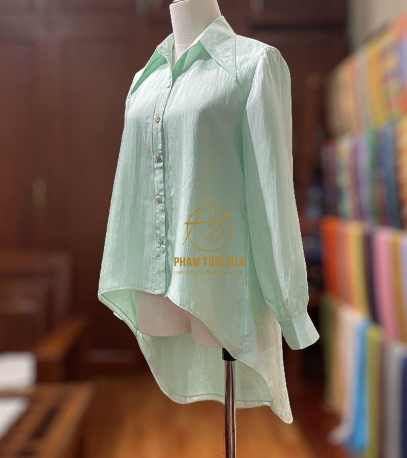 Áo lụa sơ mi tơ tằm màu xanh mint