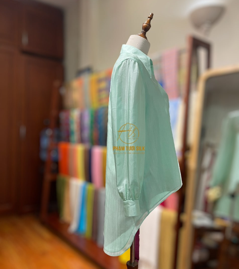 Áo lụa sơ mi tơ tằm màu xanh mint