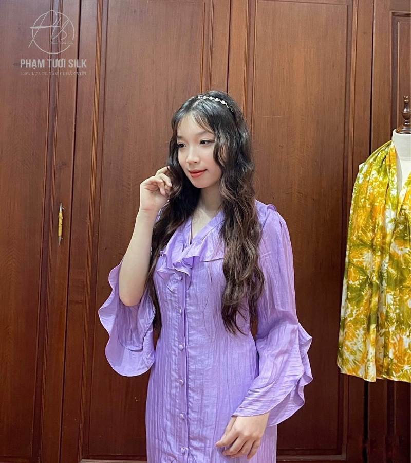 Váy lụa tơ tằm cao cấp bèo nhún màu tím