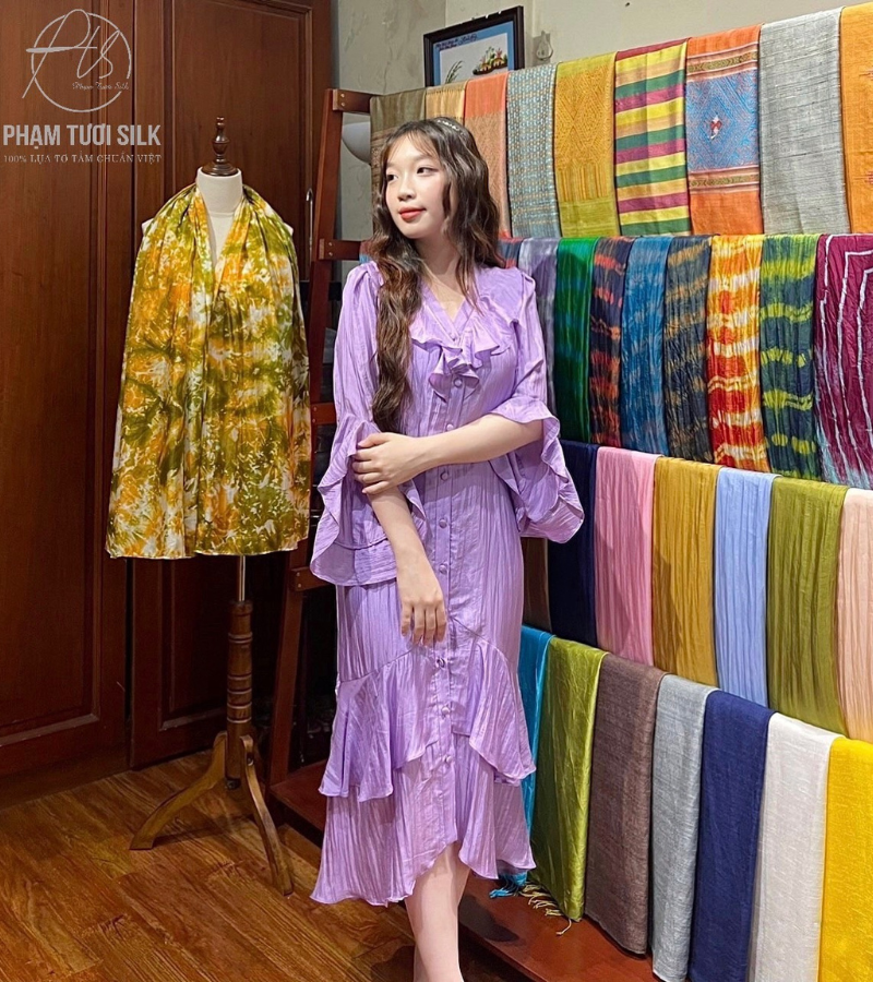 Váy lụa tơ tằm cao cấp bèo nhún màu tím