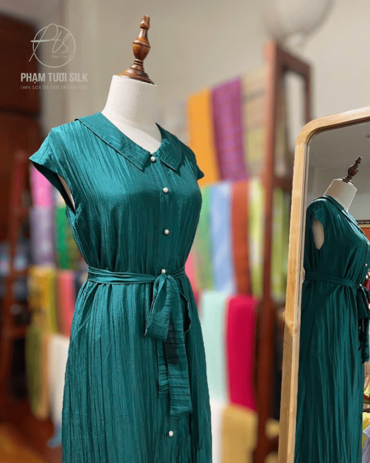 Váy Lụa Tơ Tằm Cao Cấp Xanh Cổ Vịt