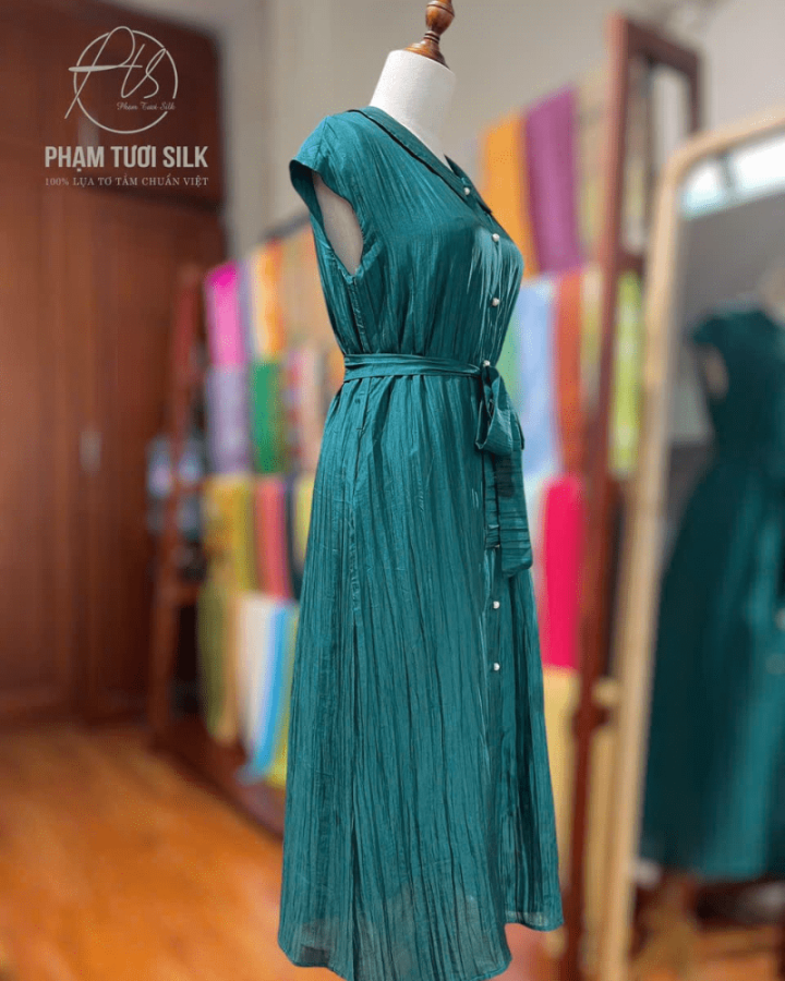 Váy Lụa Tơ Tằm Cao Cấp Xanh Cổ Vịt