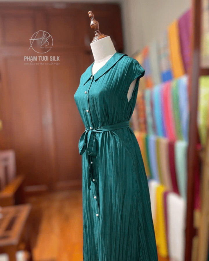 Váy Lụa Tơ Tằm Cao Cấp Xanh Cổ Vịt