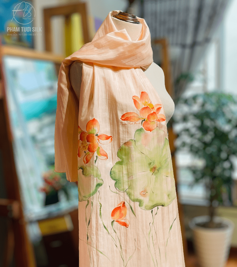 Khăn lụa tơ tằm vẽ tay hoa Sen (85x180cm) 