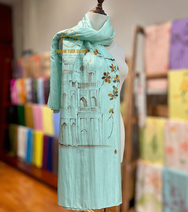 Khăn lụa tơ tằm vẽ tay hồ Gươm (85x180cm)