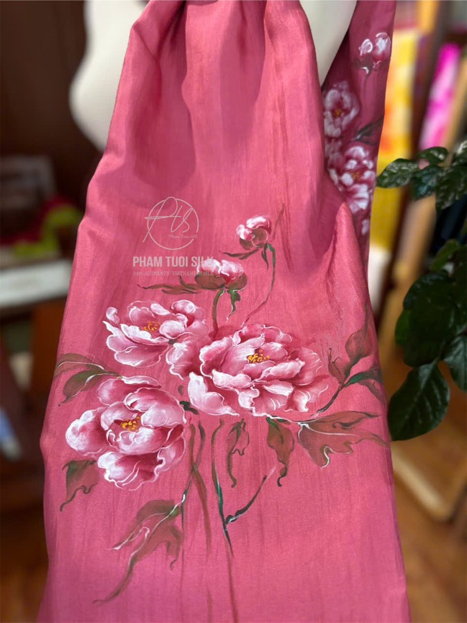 Khăn lụa tơ tằm vẽ tay hoa Mẫu Đơn
