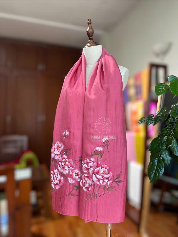 Khăn lụa tơ tằm vẽ tay hoa Mẫu Đơn