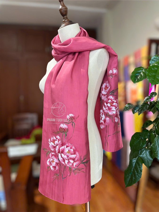 Khăn lụa tơ tằm vẽ tay hoa Mẫu Đơn