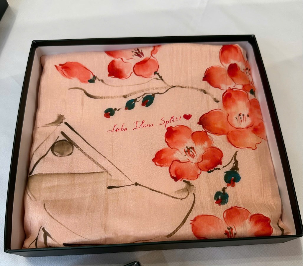 Hand-painted silk scarf with One Pillar Pagoda