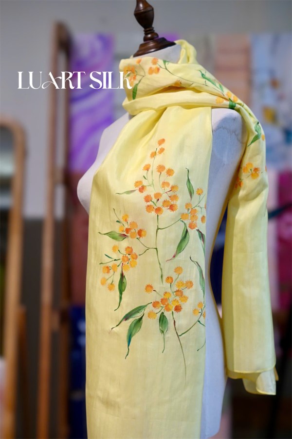 Hand-painted silk scarf with Golden Wattle Flower