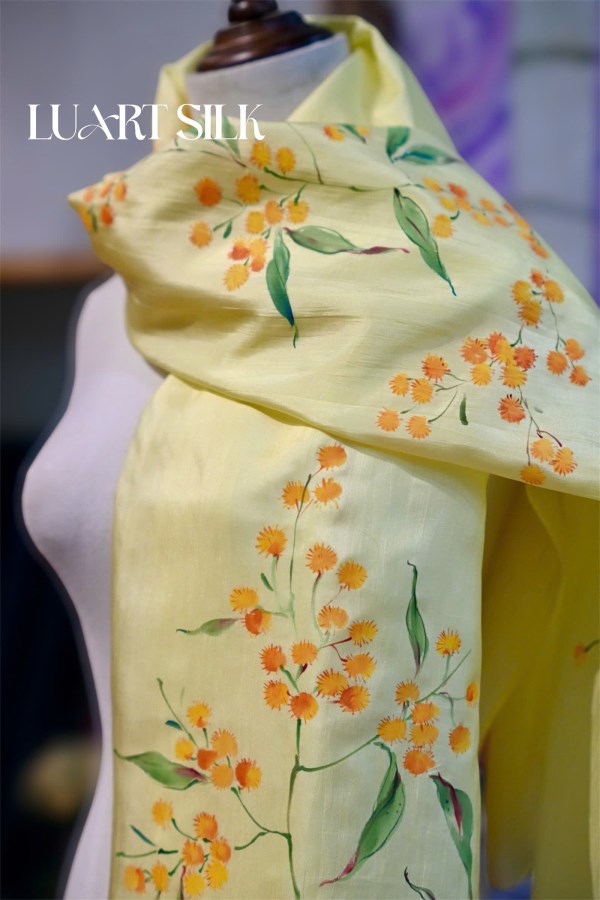 Hand-painted silk scarf with Golden Wattle Flower
