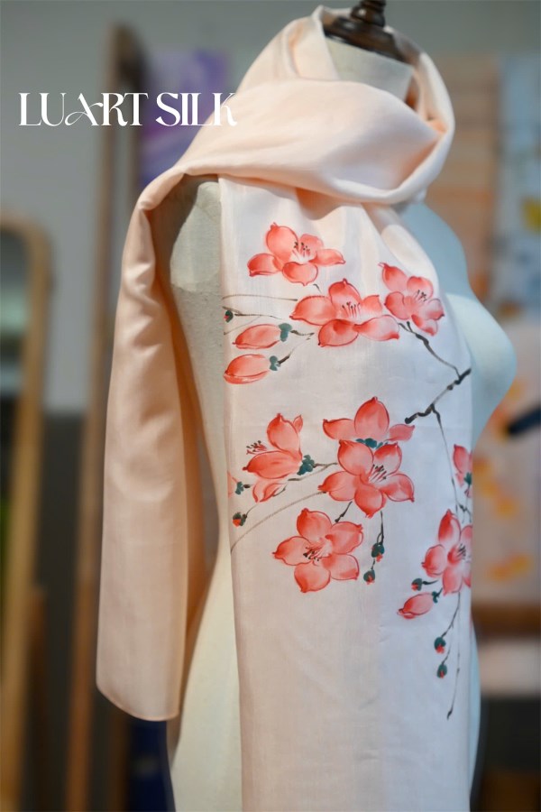 Khăn lụa tơ tằm vẽ tay hoa Gạo (85x180cm)