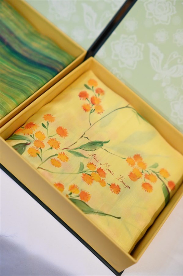 Hand-painted silk scarf with Golden Wattle Flower